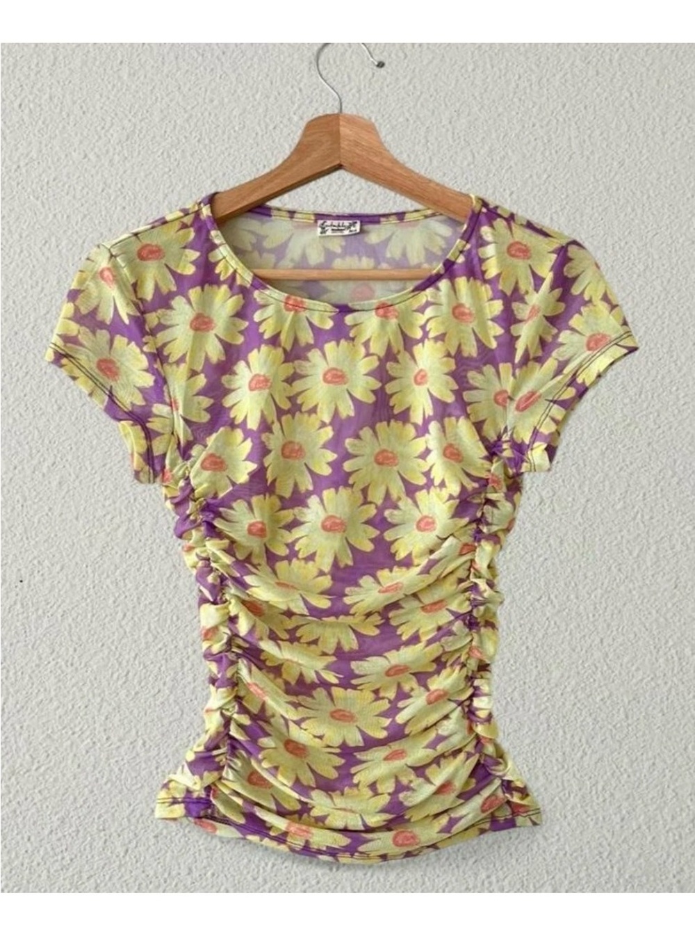 NEW Intimately Free People Ruched Floral Top mesh daisy yellow purple sz S - Picture 2 of 4
